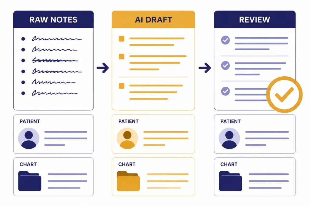 Three-column workflow labeled RAW NOTES, AI DRAFT, REVIEW, PATIENT, and CHART.