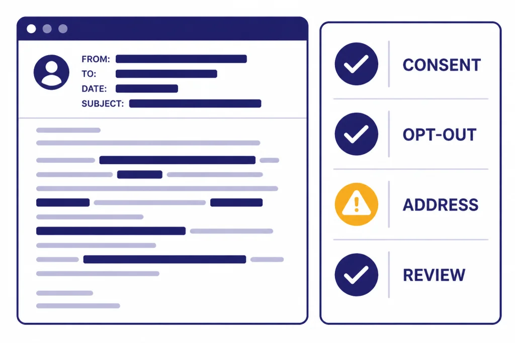 Email Compliance Checklist Compliance screen with redacted email and checklist labels CONSENT, OPT-OUT, ADDRESS, and REVIEW.