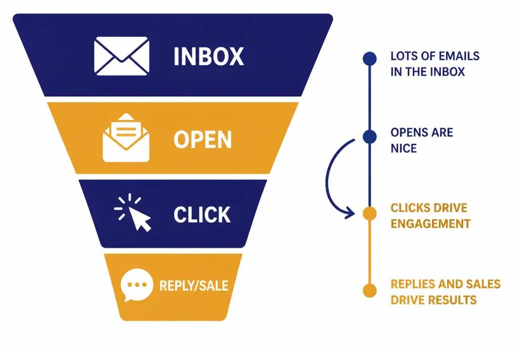Email Conversion Funnel Four-stage funnel labeled INBOX, OPEN, CLICK, and REPLY/SALE with a small analytics line.