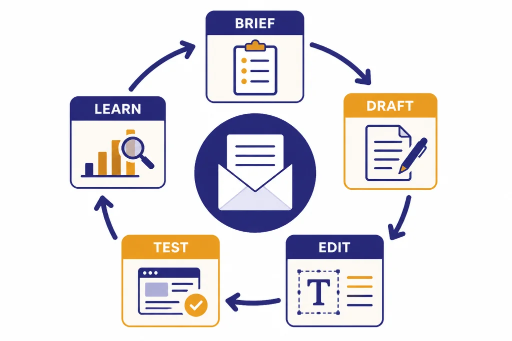 AI Email Drafting Loop Circular workflow with five cards labeled BRIEF, DRAFT, EDIT, TEST, and LEARN around an email icon.