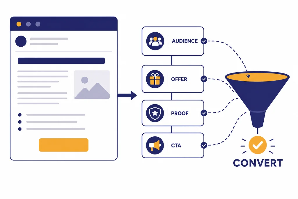 Email Conversion Workflow Email card feeding a funnel with nodes labeled AUDIENCE, OFFER, PROOF, CTA, and CONVERT.