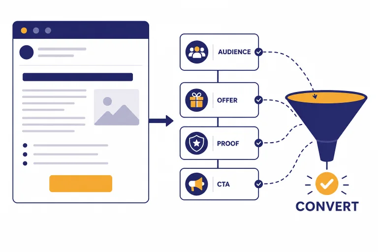Email card feeding a funnel with nodes labeled AUDIENCE, OFFER, PROOF, CTA, and CONVERT.