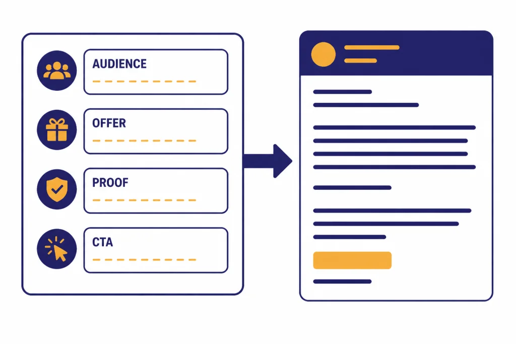 Reusable Email Prompt Prompt template card with fields labeled AUDIENCE, OFFER, PROOF, and CTA feeding an email draft card.