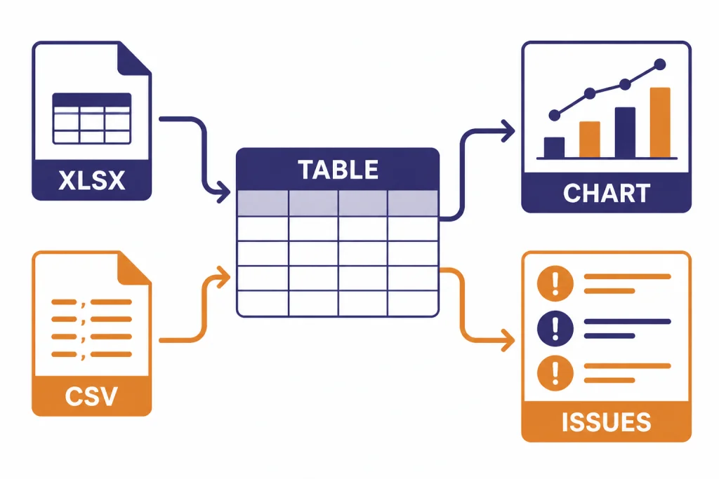 Spreadsheet Analysis Workflow File workflow with labels XLSX, CSV, TABLE, CHART, and ISSUES.