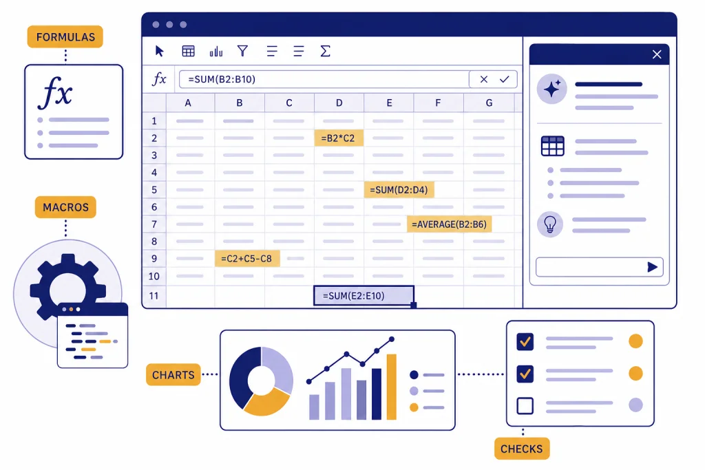 ChatGPT Excel Workbook Assistant Spreadsheet grid with side panel and labels FORMULAS, MACROS, CHARTS, and CHECKS.