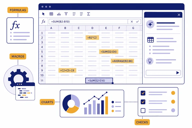 Spreadsheet grid with side panel and labels FORMULAS, MACROS, CHARTS, and CHECKS.