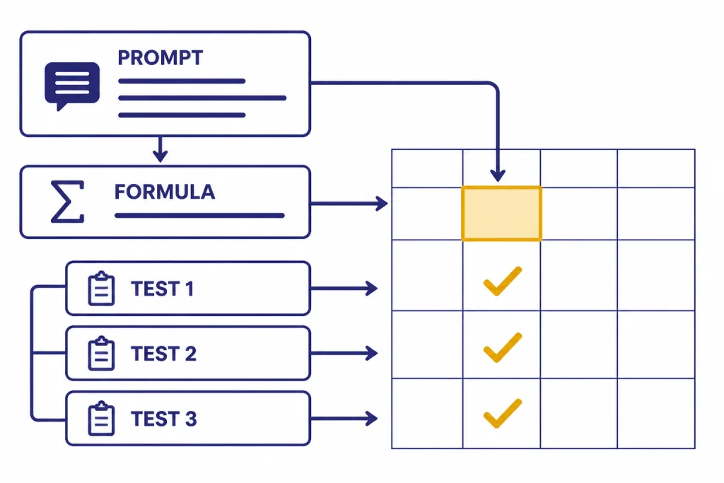 Formula Prompt Test Flow Formula builder with labels PROMPT, FORMULA, TEST 1, TEST 2, and TEST 3.