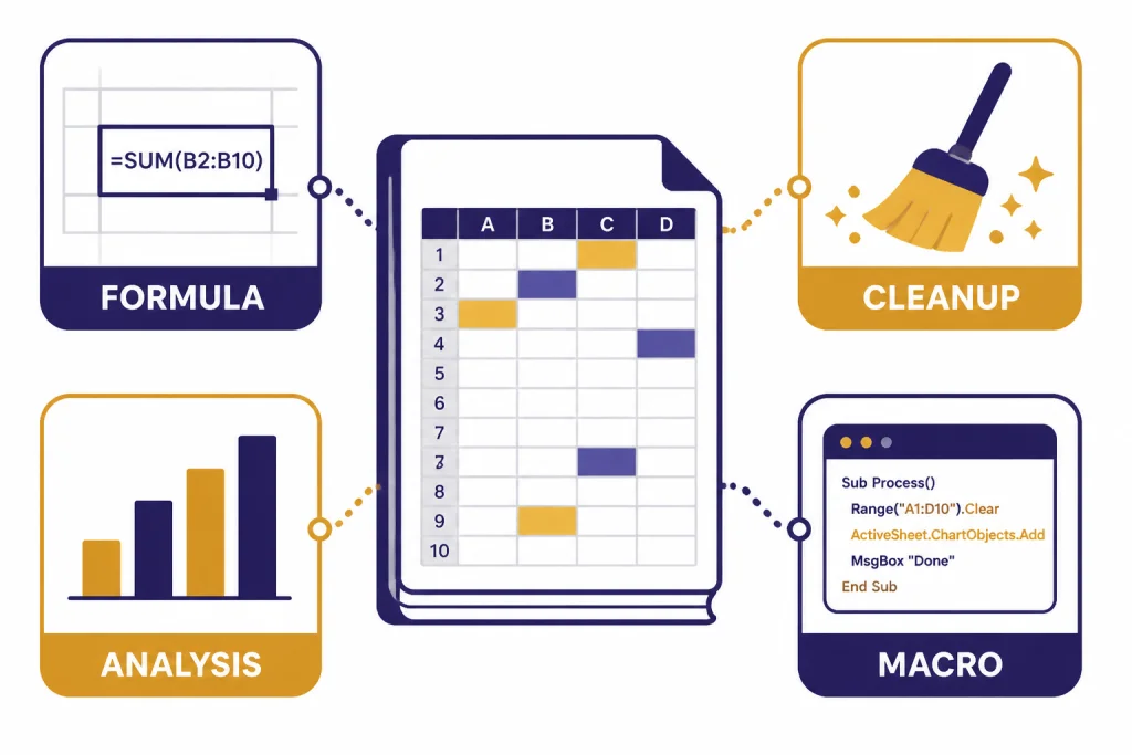 Workbook connected to four cards labeled FORMULA, CLEANUP, ANALYSIS, and MACRO.