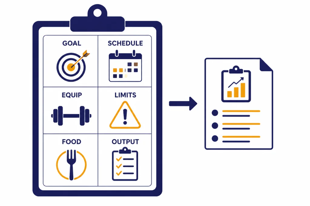 Fitness Brief Template Fitness brief card labeled GOAL, SCHEDULE, EQUIP, LIMITS, FOOD, and OUTPUT feeding into a plan document.
