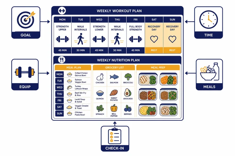 Weekly fitness dashboard with tabs labeled GOAL, TIME, EQUIP, MEALS, and CHECK-IN around workout and meal panels.