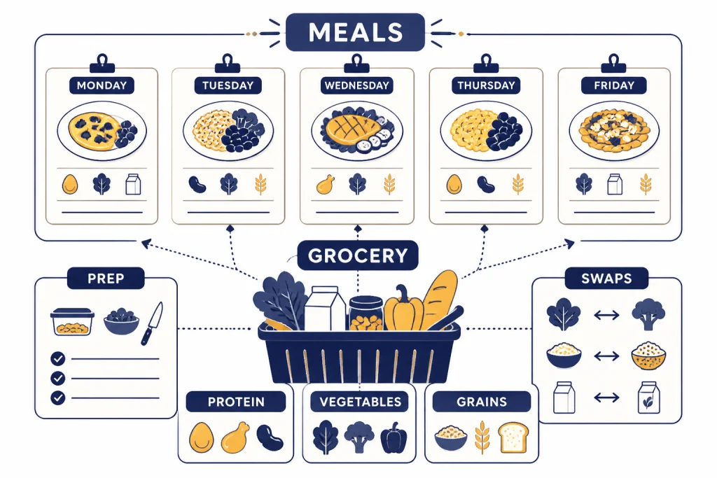 Meal Planning Board Meal-planning board labeled MEALS, GROCERY, PREP, PROTEIN, and SWAPS with recipe cards and a grocery basket.