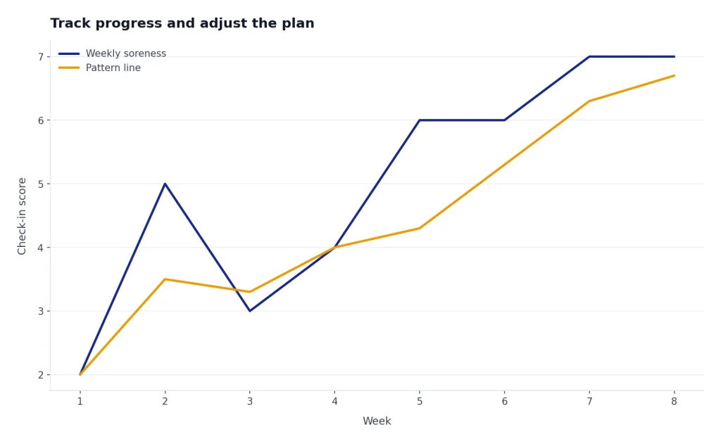 Line chart over weeks 1-8: Weekly soreness is noisy, while Pattern line rises from 2 to 6.7.