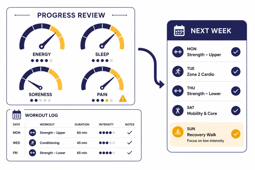 Weekly Progress Review Progress dashboard with gauges labeled ENERGY, SLEEP, SORENESS, and PAIN pointing to a NEXT WEEK plan card.