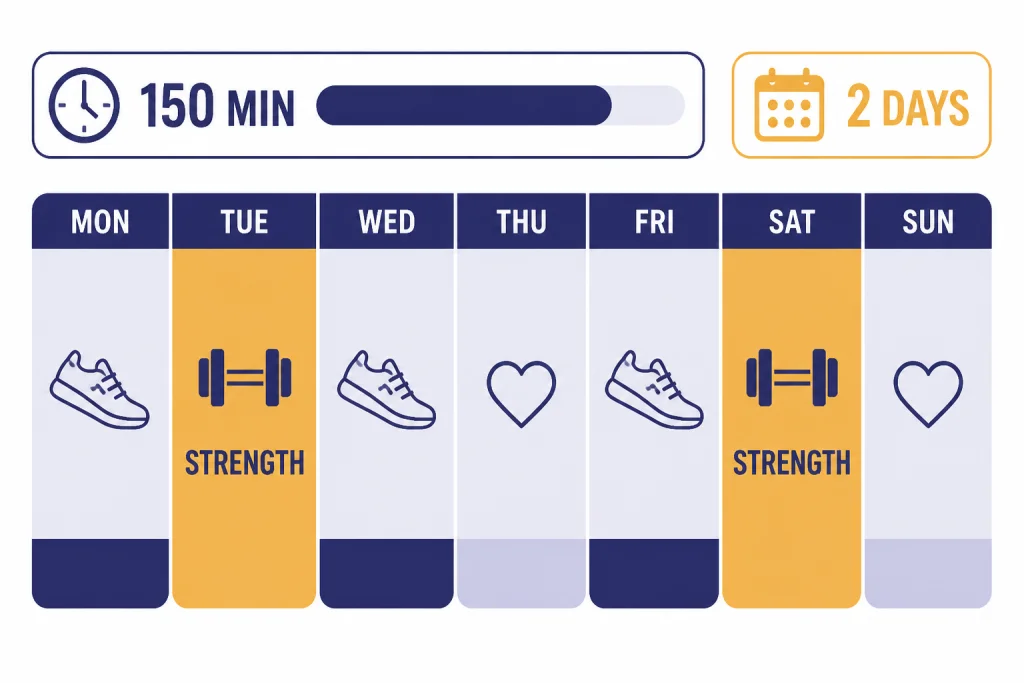 Weekly workout grid with walking and recovery blocks, two STRENGTH blocks, plus labels 150 MIN and 2 DAYS.