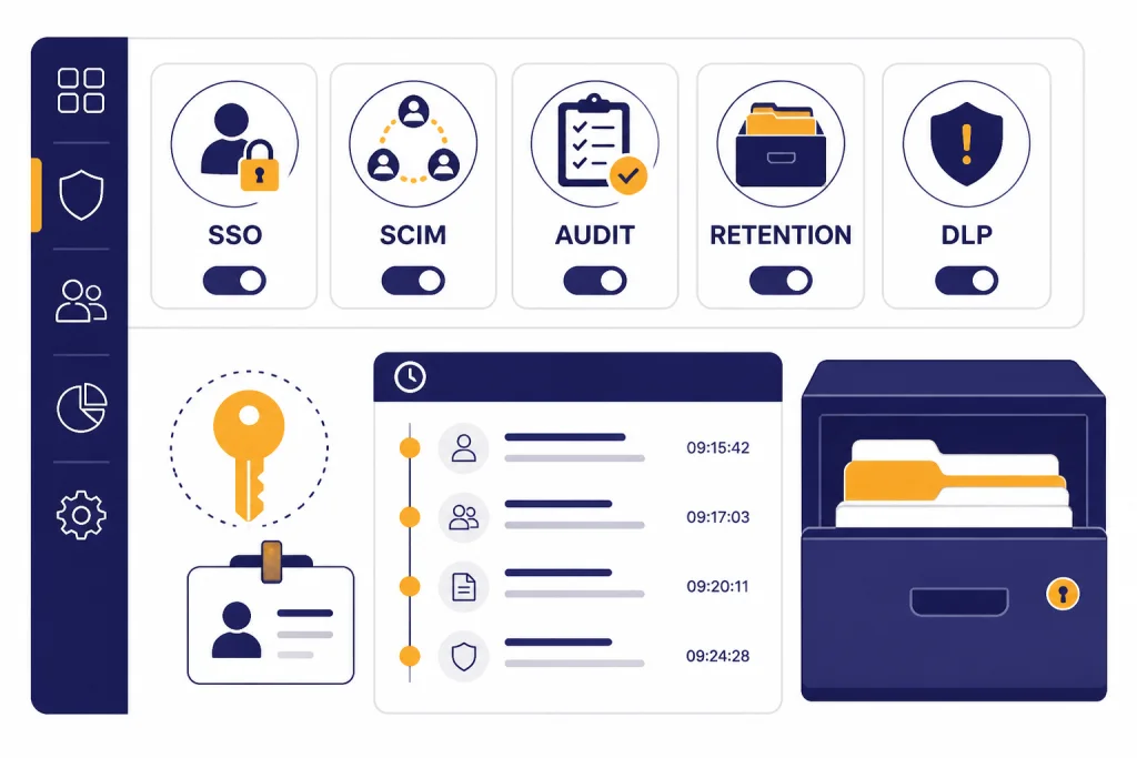 Governance dashboard with tiles labeled SSO, SCIM, AUDIT, RETENTION, and DLP.
