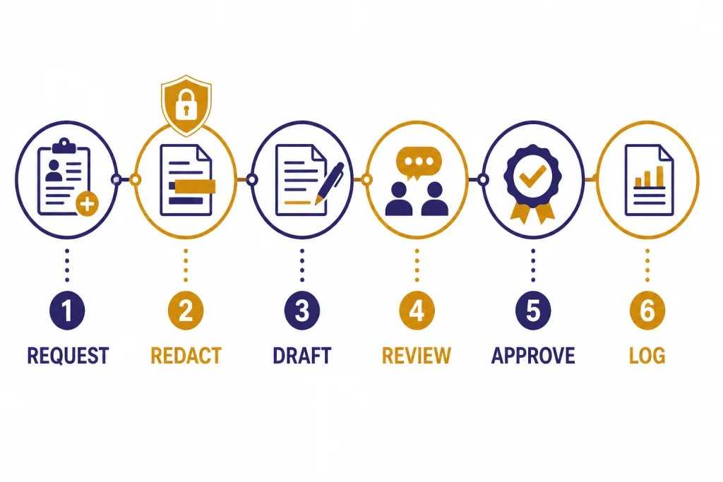 HR Prompt Workflow Six-step timeline labeled REQUEST, REDACT, DRAFT, REVIEW, APPROVE, and LOG with a shield on REDACT.