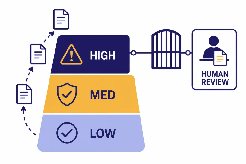 HR AI Risk Matrix Risk matrix labeled LOW, MED, HIGH, and HUMAN REVIEW with document icons moving upward.