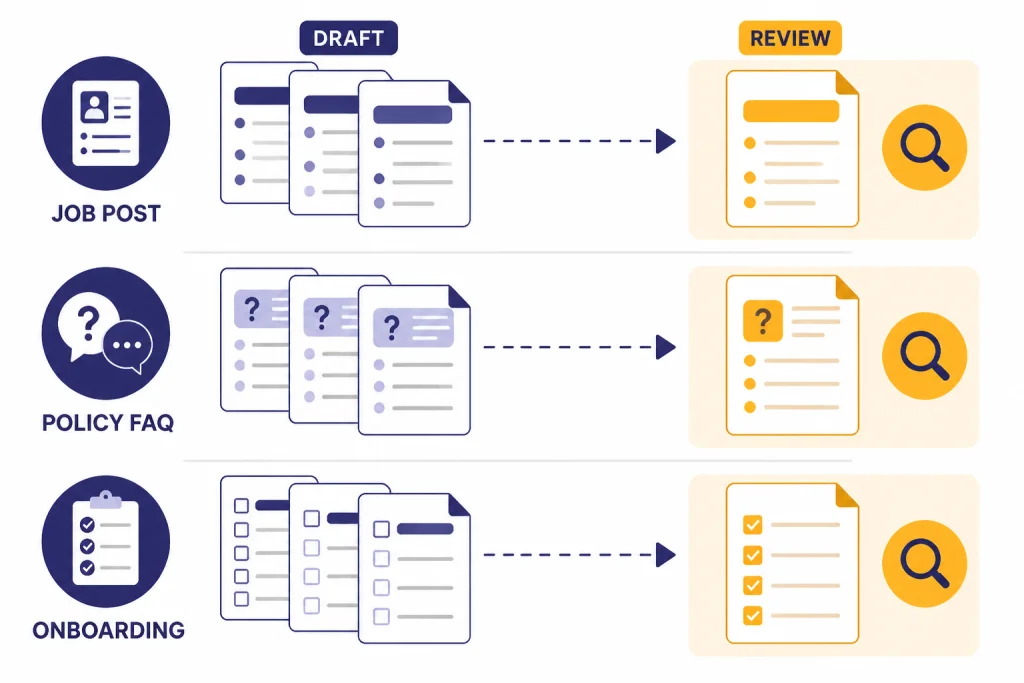 Three HR task lanes labeled JOB POST, POLICY FAQ, ONBOARDING, and REVIEW with document cards.