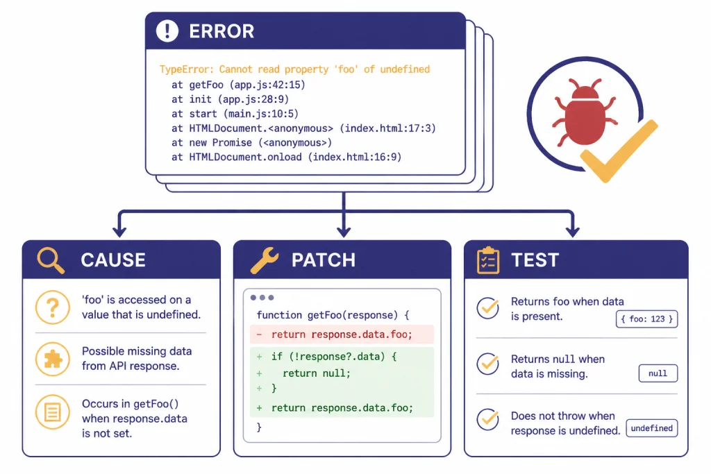 JavaScript Debugging Board Debugging board labeled ERROR, CAUSE, PATCH, and TEST with a crossed-out bug icon.