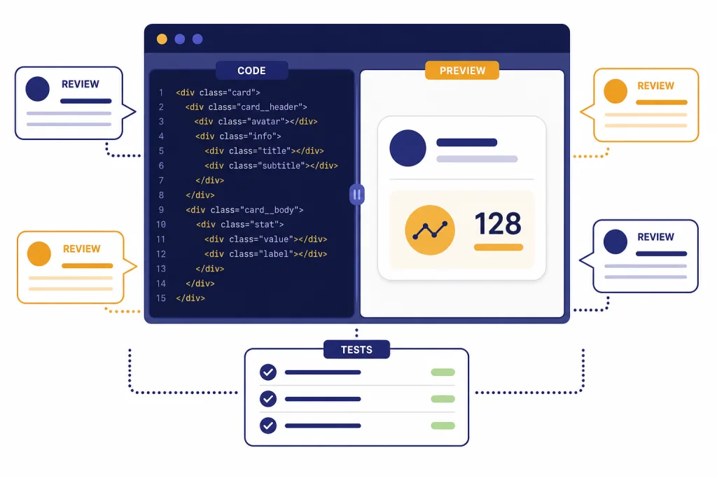 JavaScript Code Canvas Workflow Split code canvas labeled CODE, PREVIEW, REVIEW, and TESTS with editor, preview pane, and checklist.