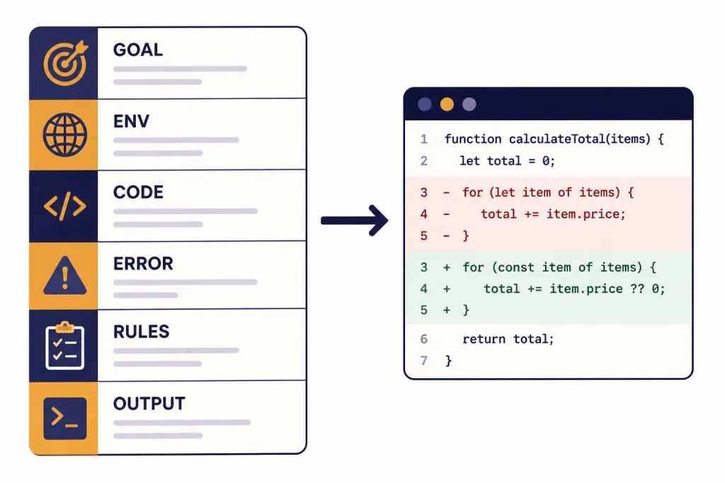 Prompt brief card labeled GOAL, ENV, CODE, ERROR, RULES, and OUTPUT pointing to a code patch tile.