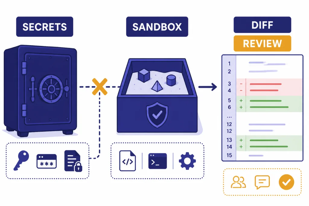Secure review diagram labeled SECRETS, SANDBOX, DIFF, and REVIEW with blocked arrows from a vault.