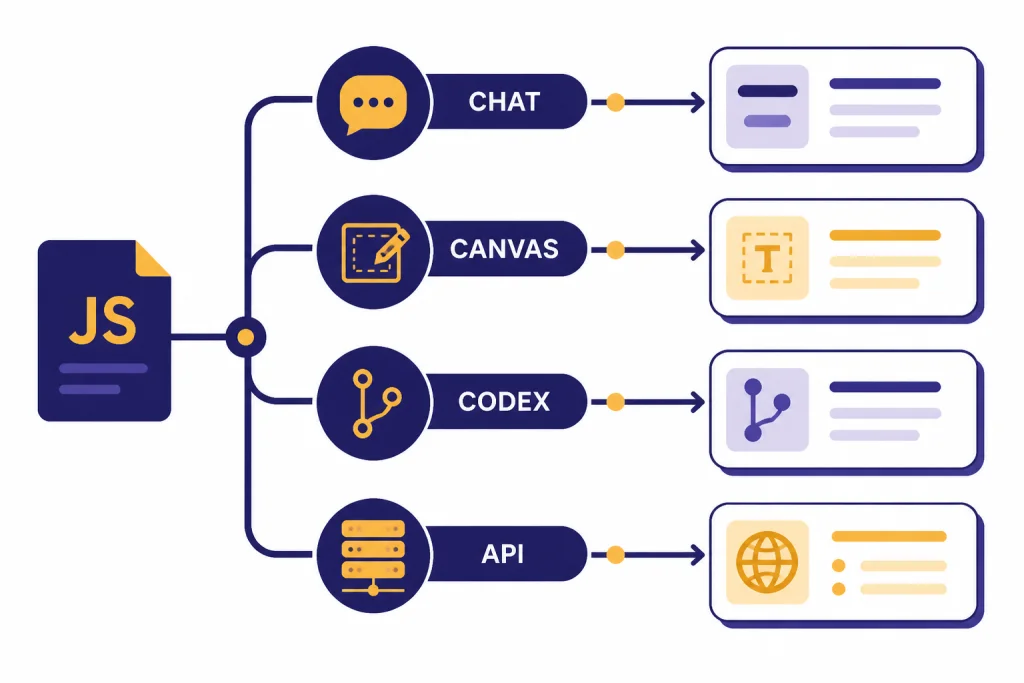 Four workflow lanes labeled CHAT, CANVAS, CODEX, and API leading from a JavaScript file icon.