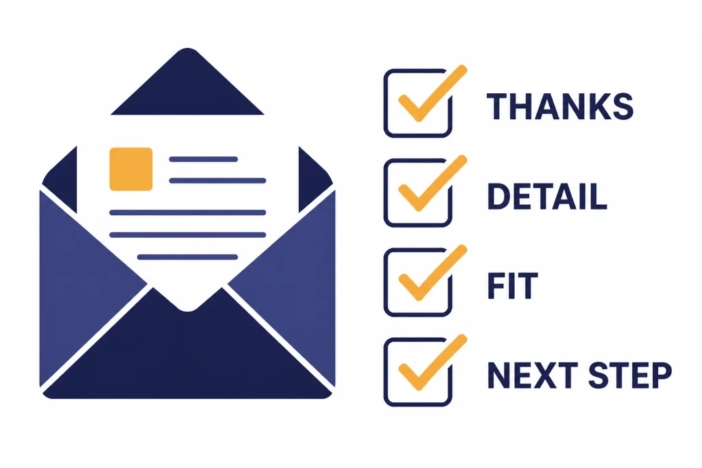 Follow-Up Email Checklist Follow-up email checklist with an envelope and rows labeled THANKS, DETAIL, FIT, and NEXT STEP.