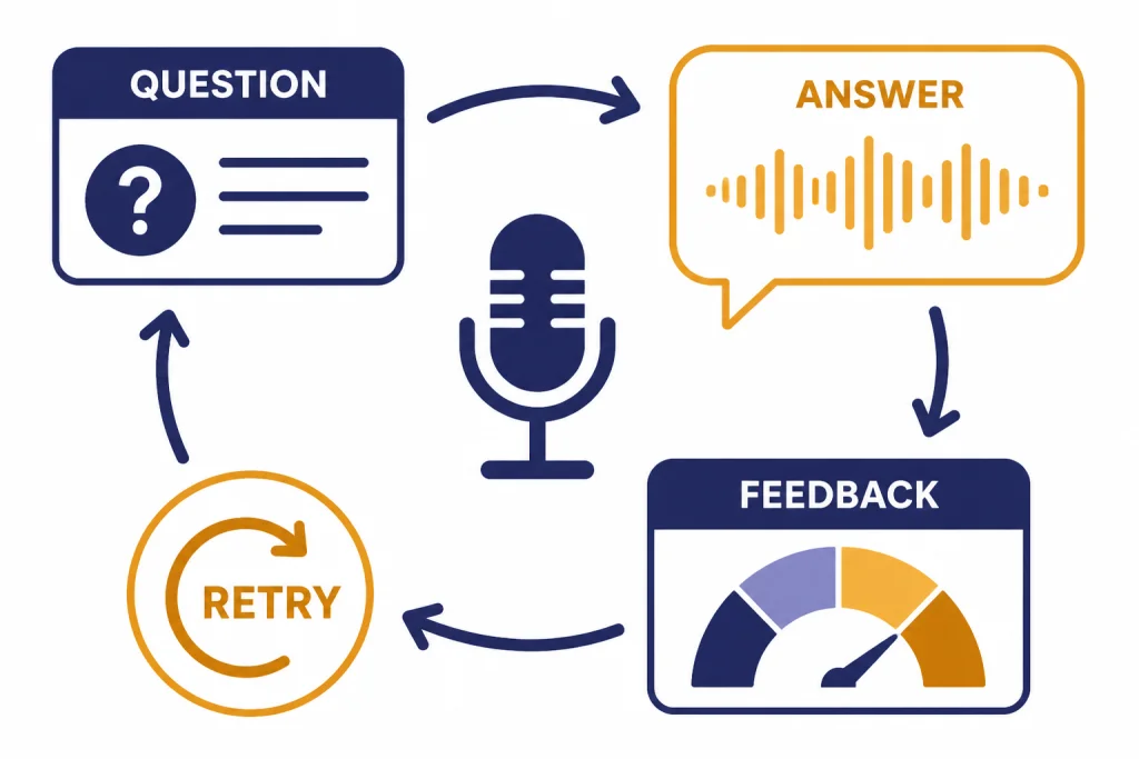 Mock Interview Loop Mock interview loop with microphone, cards labeled QUESTION, ANSWER, FEEDBACK, and RETRY.