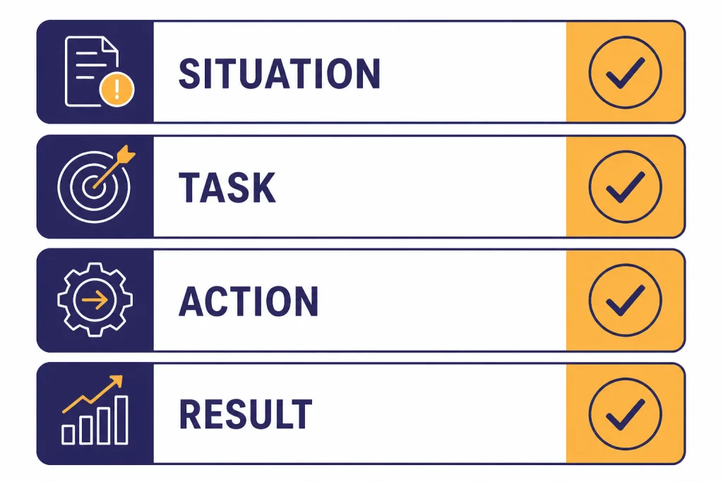 STAR Answer Card Four stacked bands labeled SITUATION, TASK, ACTION, and RESULT with checkmarks on each band.