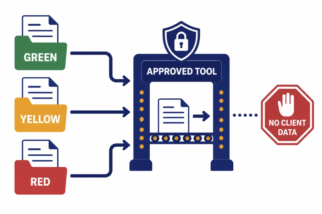 Document flow with folders labeled GREEN, YELLOW, RED, a gate labeled APPROVED TOOL, and stop marker NO CLIENT DATA.