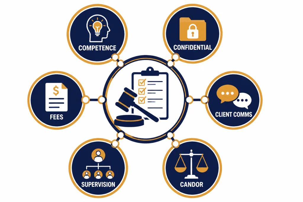 Six-spoke ethics wheel labeled COMPETENCE, CONFIDENTIAL, CLIENT COMMS, CANDOR, SUPERVISION, and FEES.