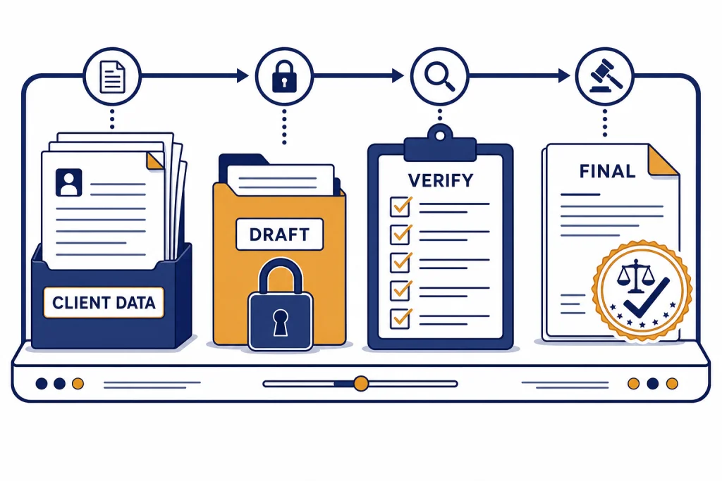 Supervised Legal AI Workflow Legal workflow board with labels CLIENT DATA, DRAFT, VERIFY, and FINAL around documents, a lock, and a checklist.
