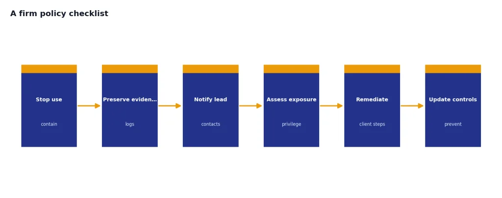 Process with six stages: Stop use, Preserve evidence, Notify lead, Assess exposure, Remediate, Update controls.