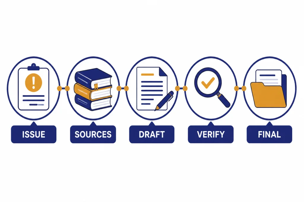 Lawyer Review Timeline Five-step timeline labeled ISSUE, SOURCES, DRAFT, VERIFY, and FINAL with legal workflow icons.