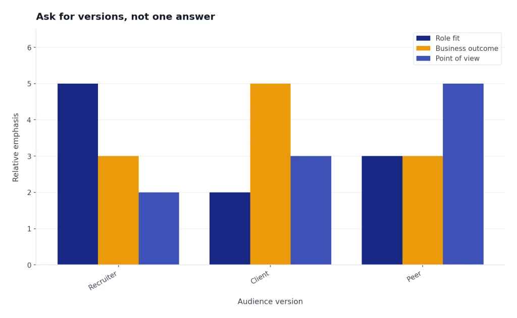 Grouped bars for Recruiter, Client, Peer showing emphasis on Role fit, Business outcome, Point of view.