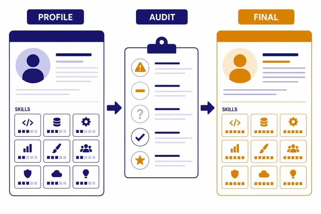LinkedIn Profile Audit Workflow Profile card connected to audit checklist, skills grid, and final card labeled PROFILE, AUDIT, SKILLS, FINAL.