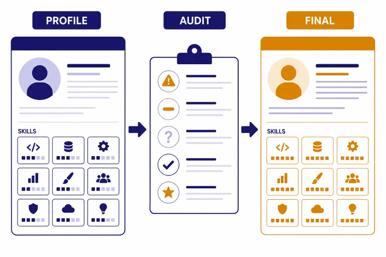 Profile card connected to audit checklist, skills grid, and final card labeled PROFILE, AUDIT, SKILLS, FINAL.