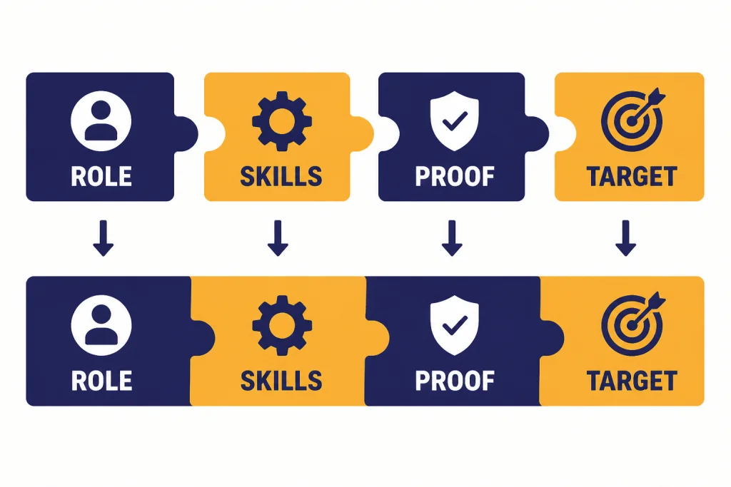 Headline Builder Formula Headline builder with four connected blocks labeled ROLE, SKILLS, PROOF, and TARGET.