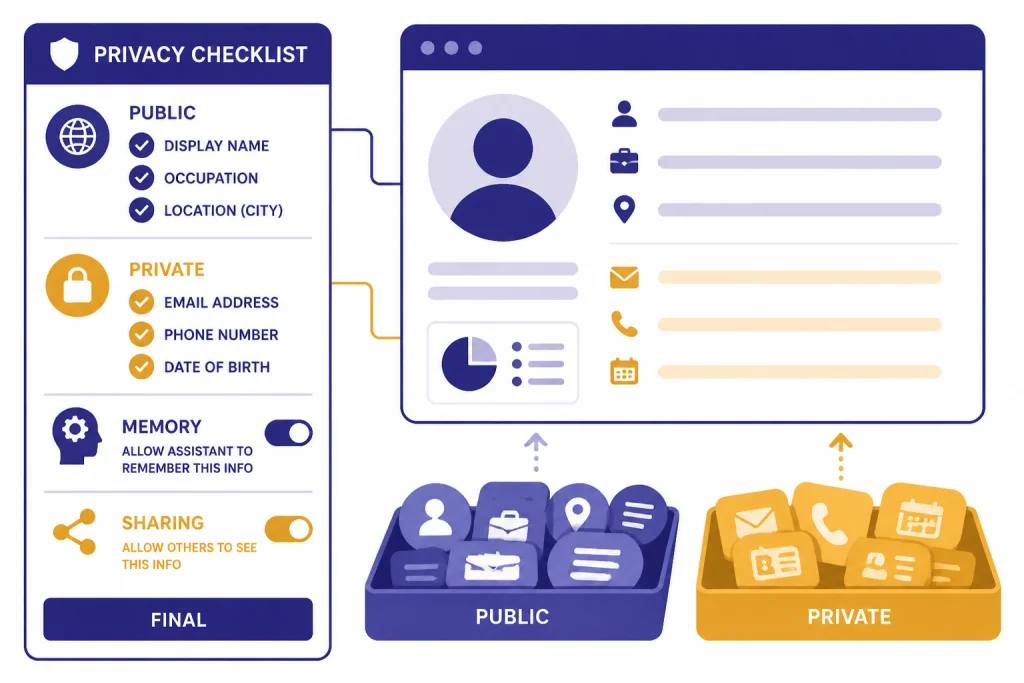 LinkedIn Privacy Checklist Privacy checklist with trays labeled PUBLIC and PRIVATE plus toggles labeled MEMORY and FINAL.