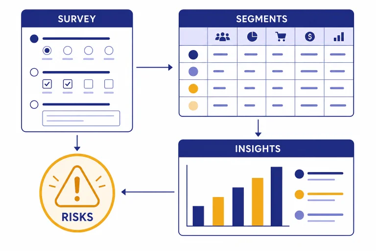 Dashboard panels labeled SURVEY, SEGMENTS, INSIGHTS, and RISKS connected by arrows.