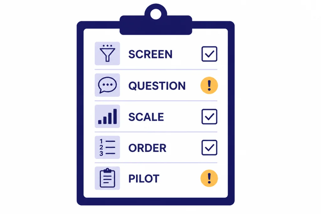 Survey Draft Checklist Survey checklist rows labeled SCREEN, QUESTION, SCALE, ORDER, and PILOT with warning dots.