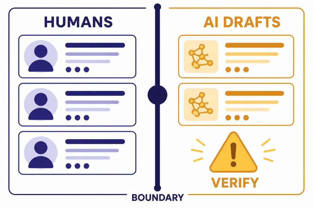 Synthetic Respondent Boundary Two zones labeled HUMANS and AI DRAFTS divided by BOUNDARY with a VERIFY caution marker.