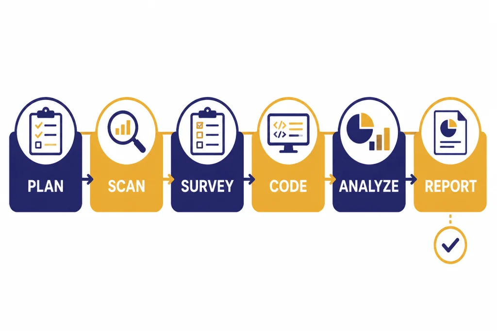 Six connected boxes labeled PLAN, SCAN, SURVEY, CODE, ANALYZE, and REPORT.