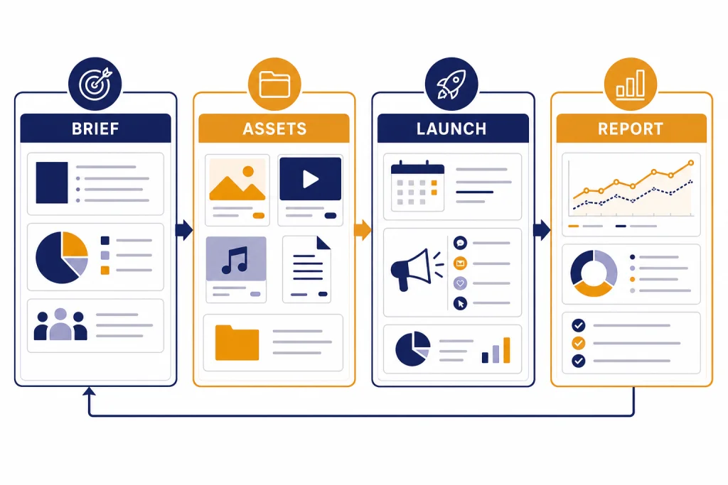 Marketing Campaign Workflow Campaign board with panels labeled BRIEF, ASSETS, LAUNCH, and REPORT connected by arrows.