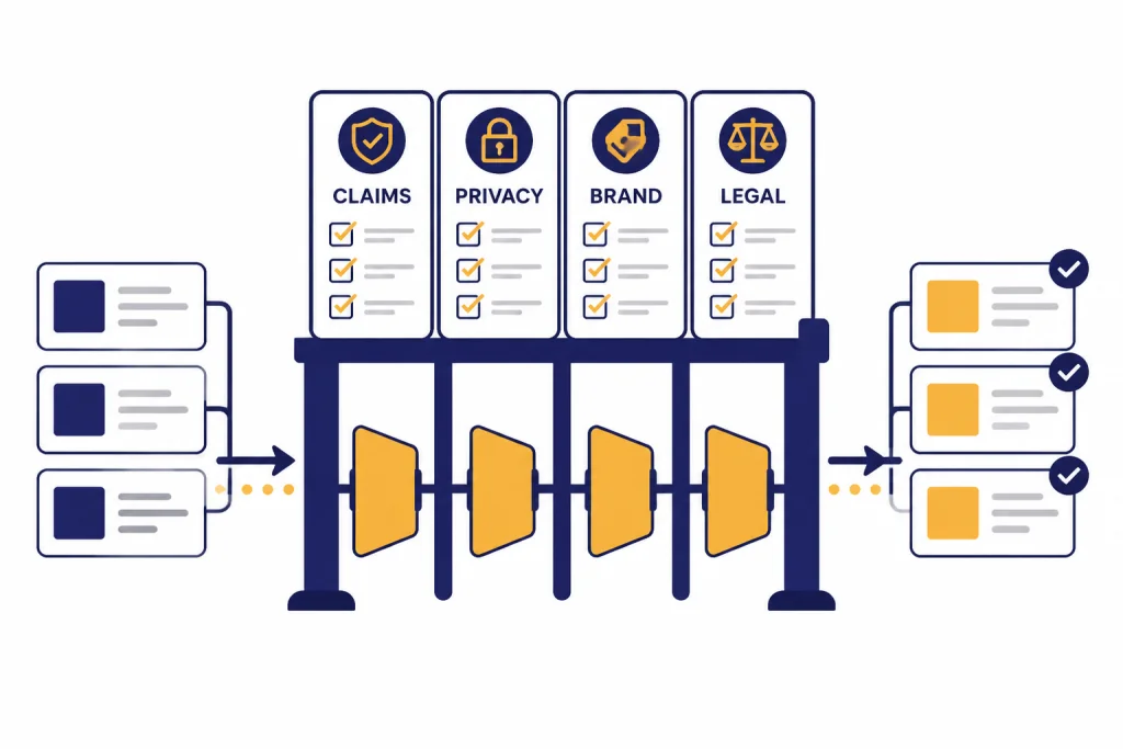 Review gate with checklist panels labeled CLAIMS, PRIVACY, BRAND, and LEGAL.