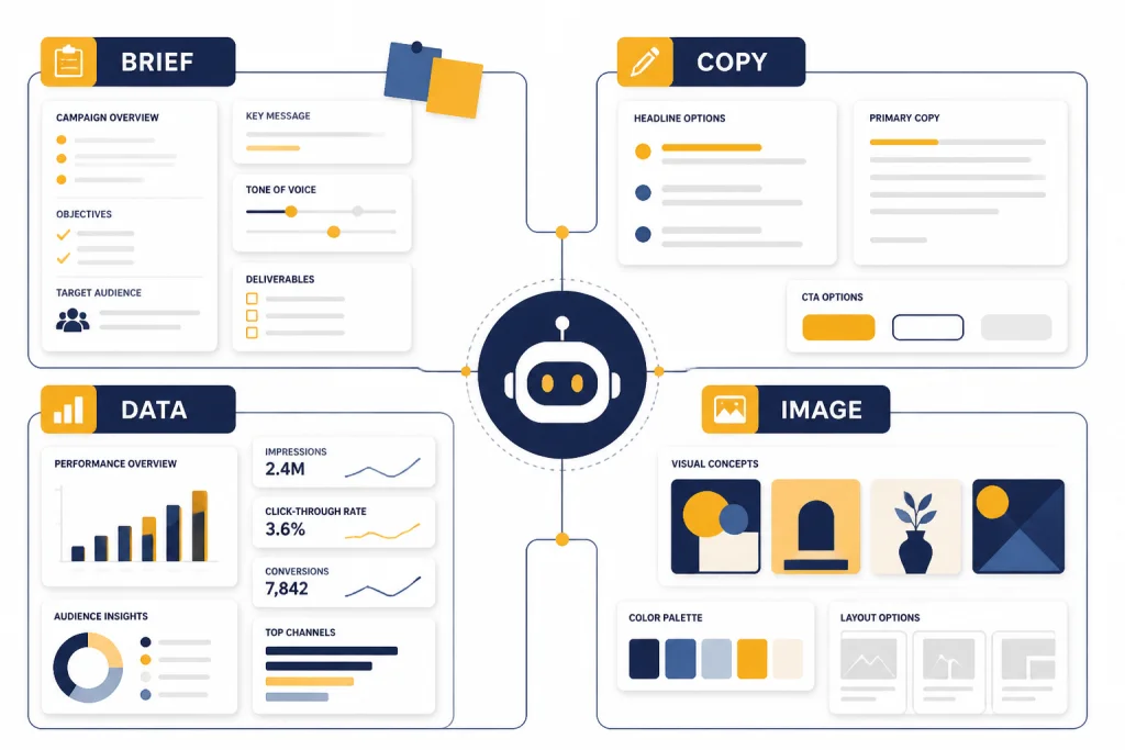 Marketing workbench with four zones labeled BRIEF, COPY, DATA, and IMAGE around a central node.