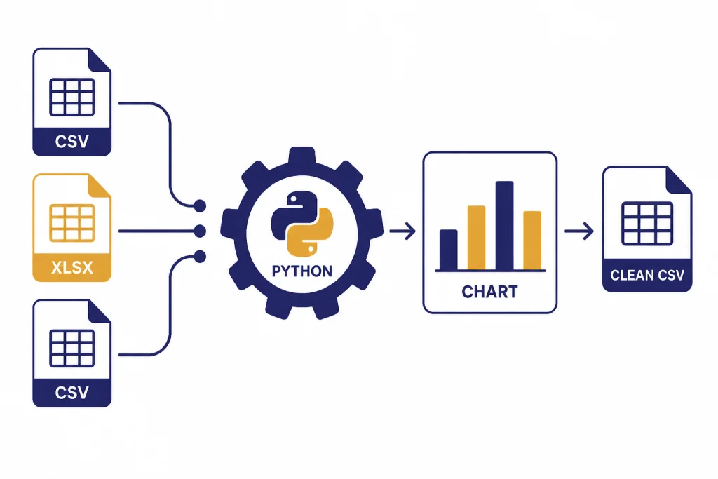 File cards labeled CSV and XLSX flow into PYTHON, then CHART and CLEAN CSV outputs.