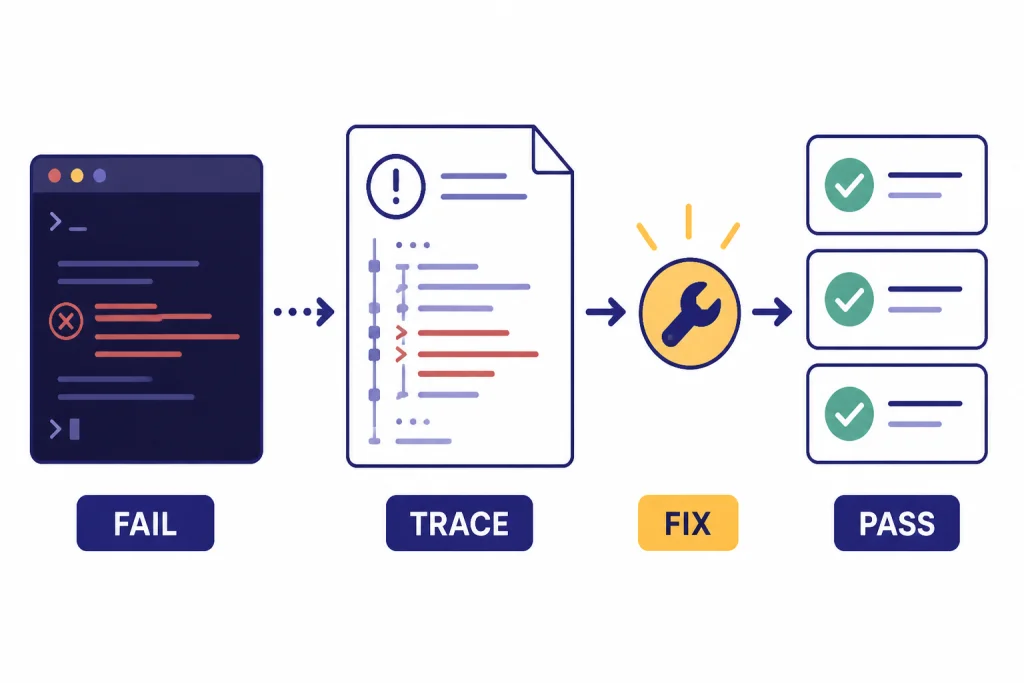 Debugging pipeline labeled FAIL, TRACE, FIX, and PASS with three passing test cards.