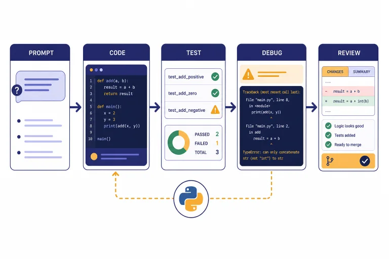 Five workflow panels labeled PROMPT, CODE, TEST, DEBUG, and REVIEW connected by arrows.